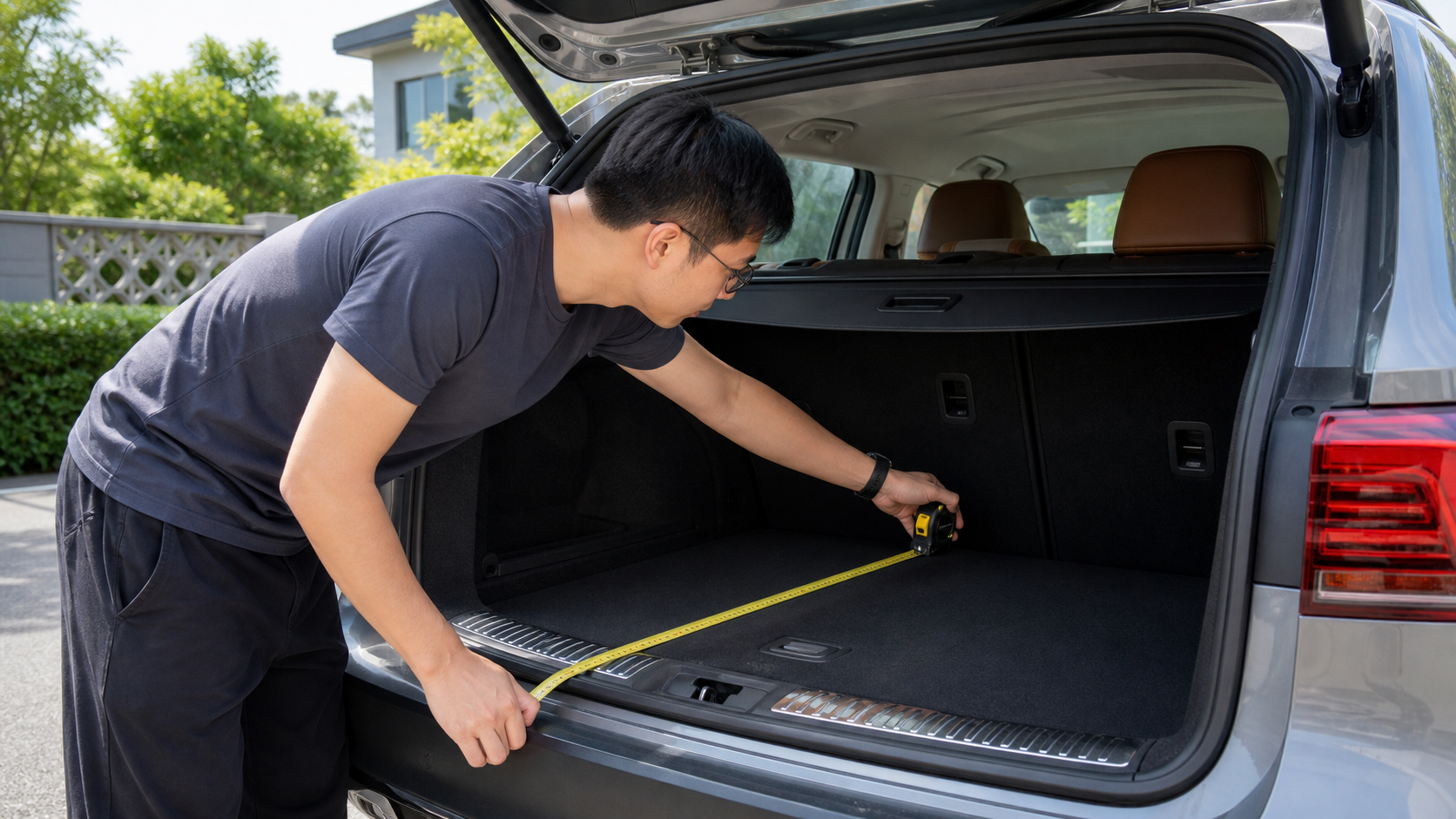 A young Chinese father measuring the trunk of a fa