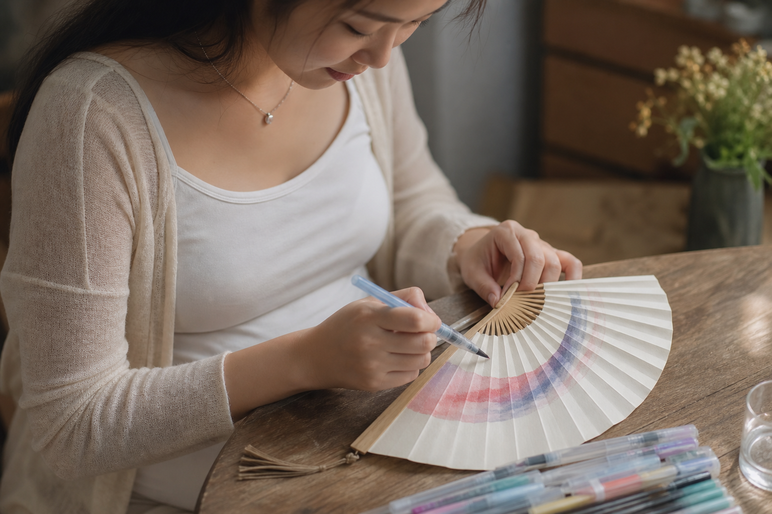 Close up of a gentle Chinese pregnant woman painti