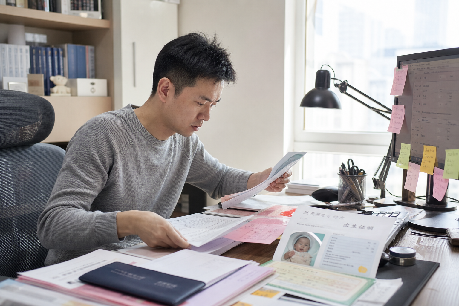 A young Chinese father carefully organizing baby d