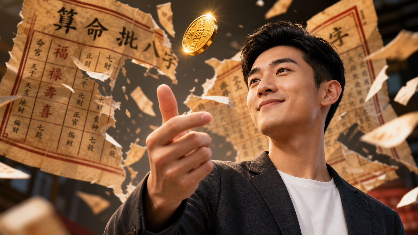 A creative conceptual image. A young Chinese fathe