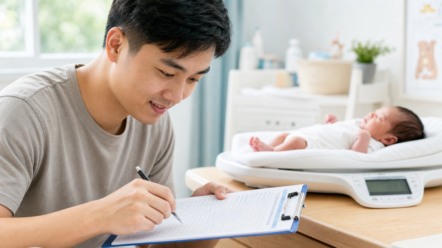 A close-up of a smiling young Chinese father caref