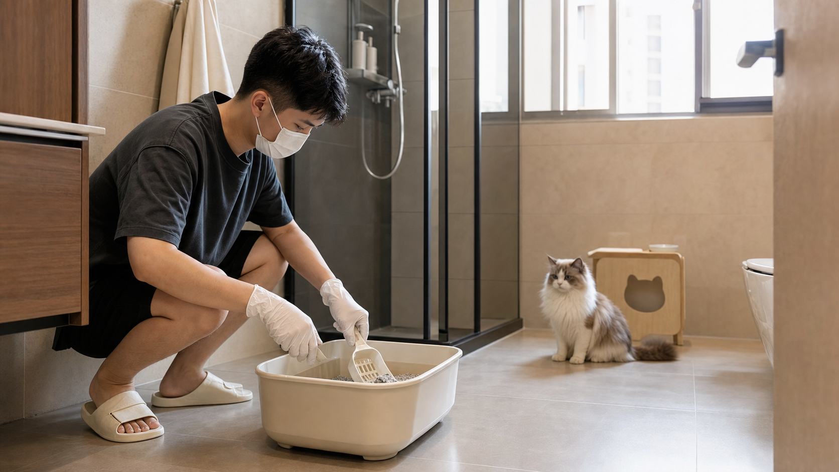 A realistic indoor shot. A young Chinese man (husb
