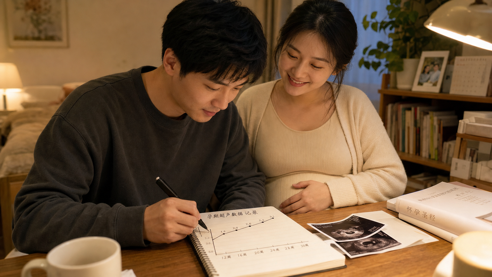 A caring Chinese husband sitting at a warm home de