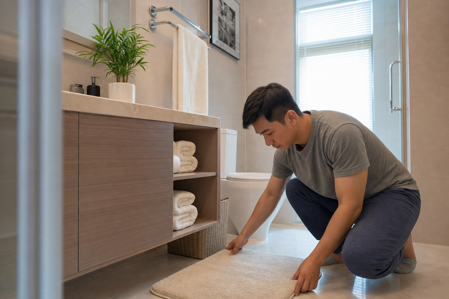 A realistic photography of a caring Chinese husban