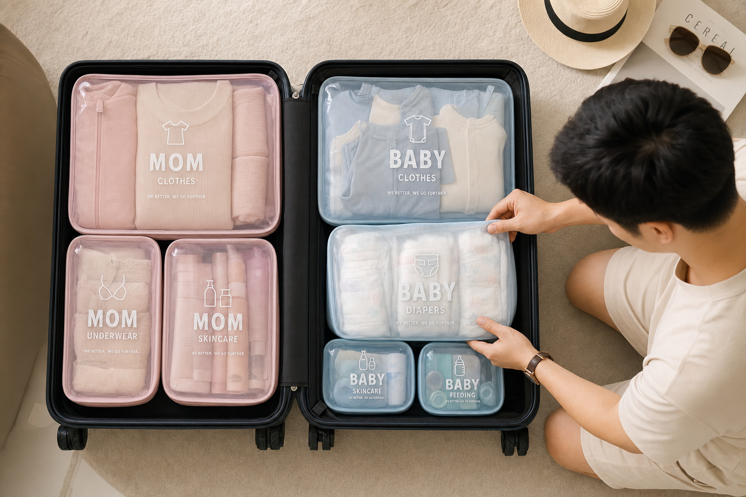 A top-down view of an open suitcase neatly organiz
