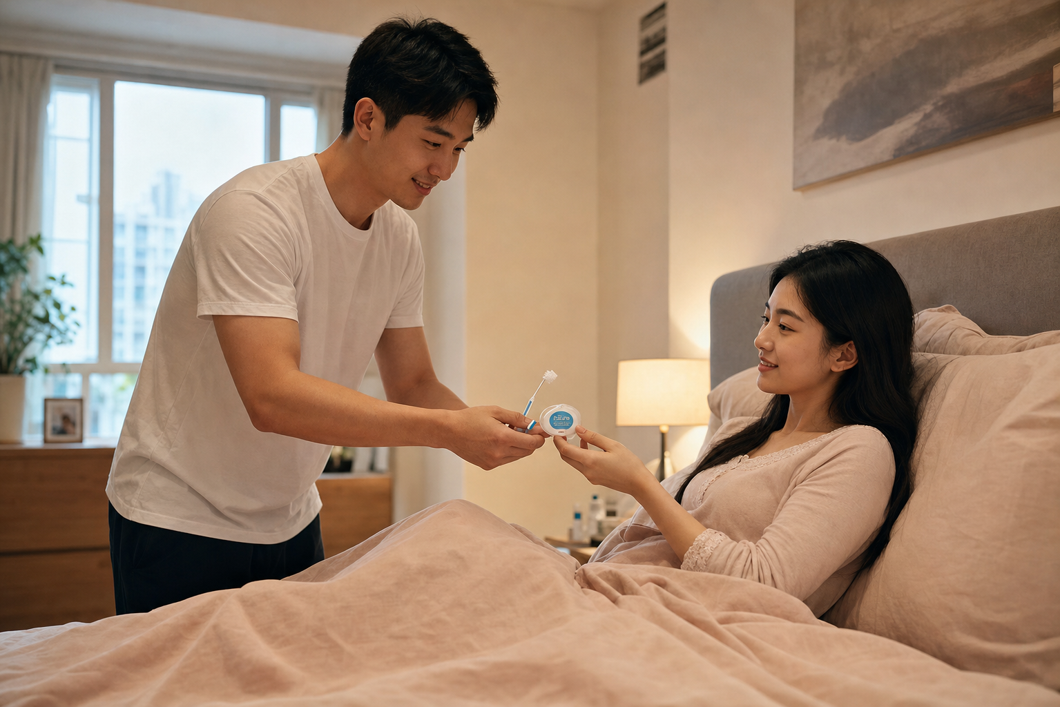A heartwarming scene of a young Chinese father smi