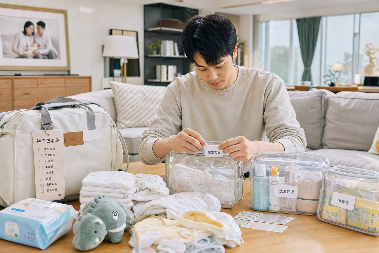 A young Chinese father thoughtfully organizing bab
