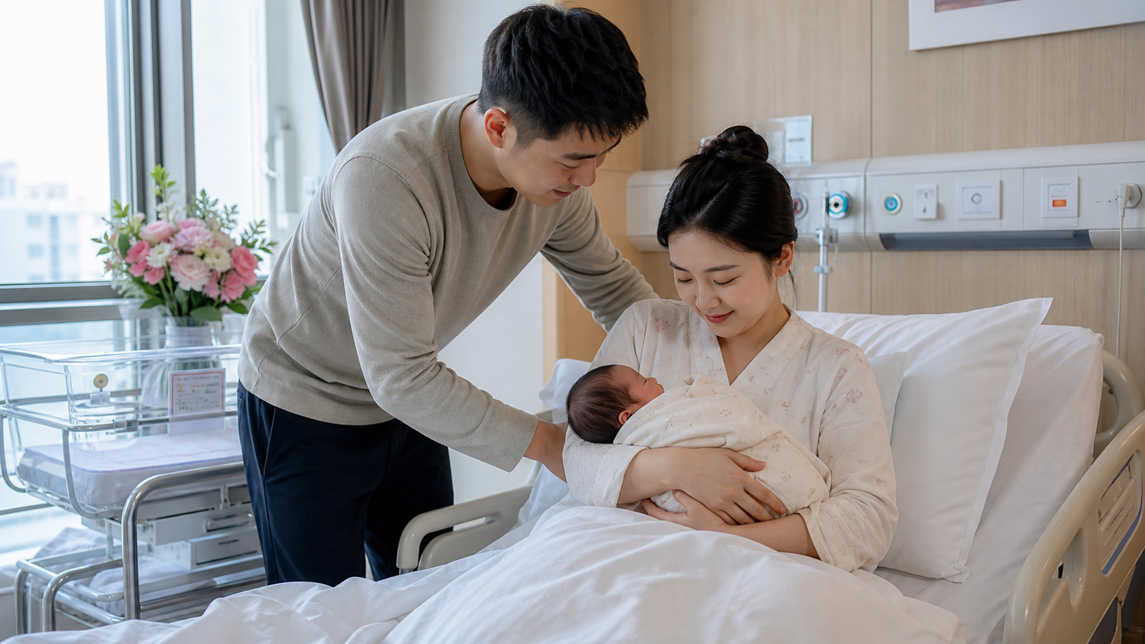 A heartwarming scene of a young Chinese father hel