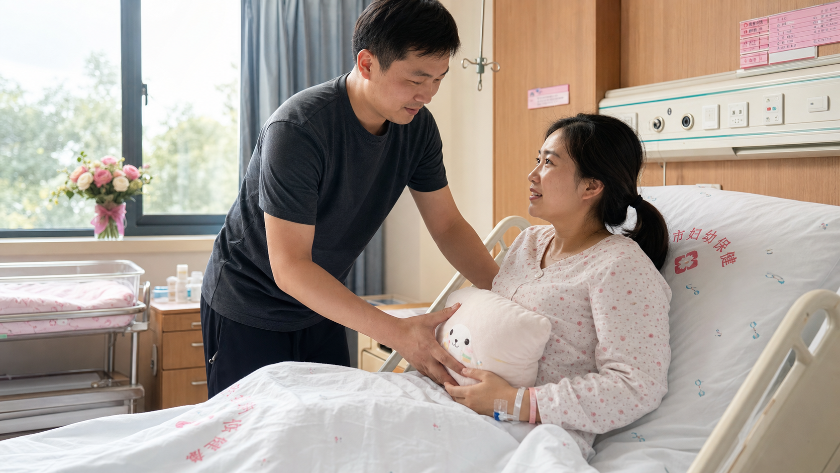 A heartwarming scene in a Chinese hospital room, a