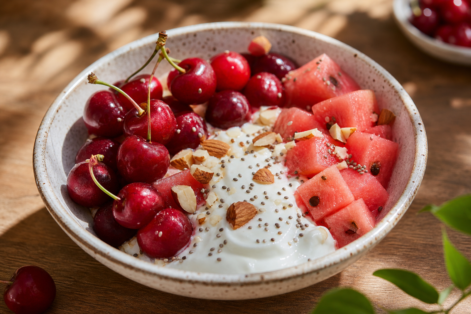 A beautifully arranged healthy dessert bowl on a w
