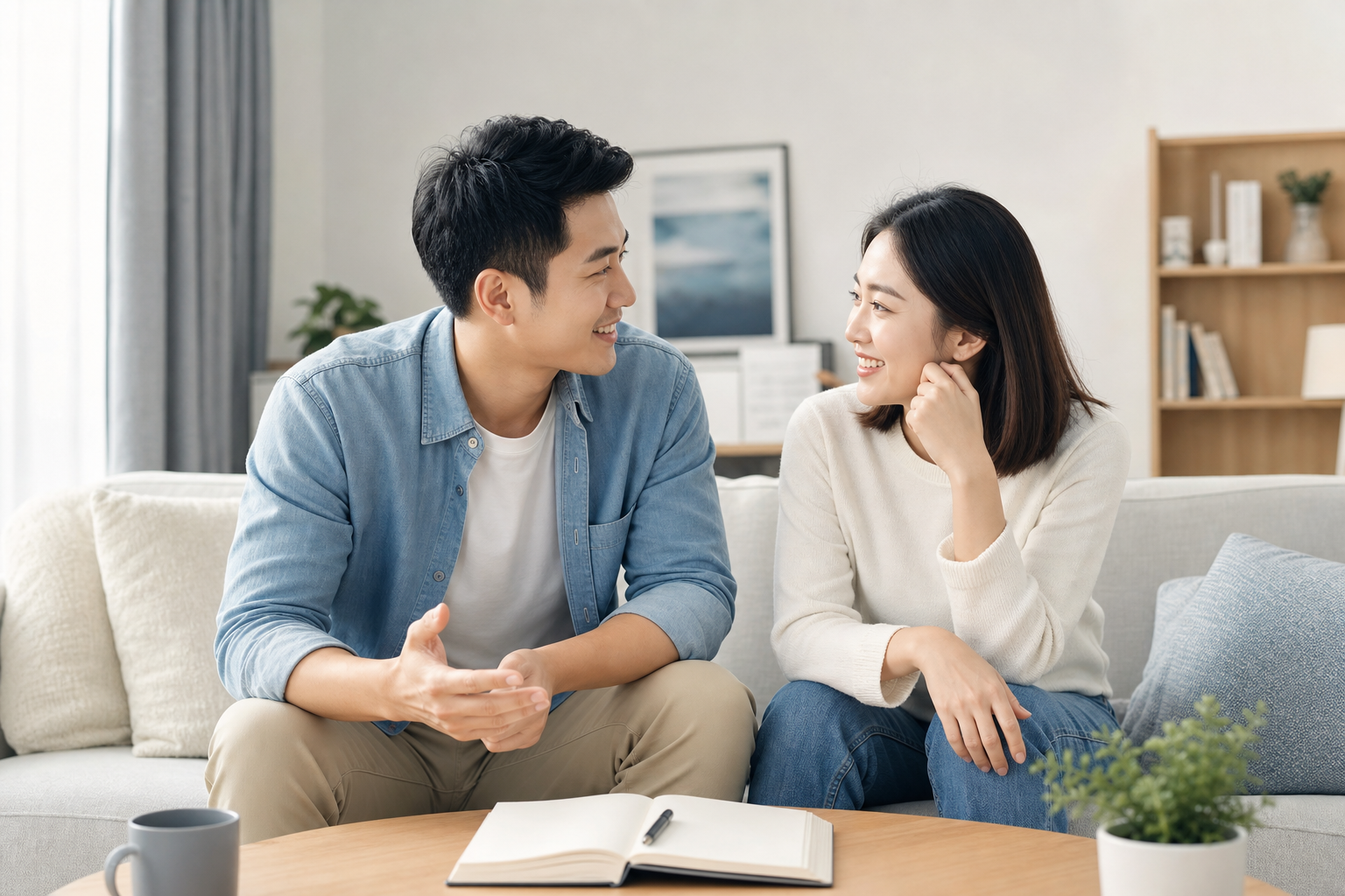 一对中国年轻夫妻坐在温馨的客厅沙发上,面带微笑,桌上放着笔记本和笔,正在进行友好的沟通,灯光柔和明亮