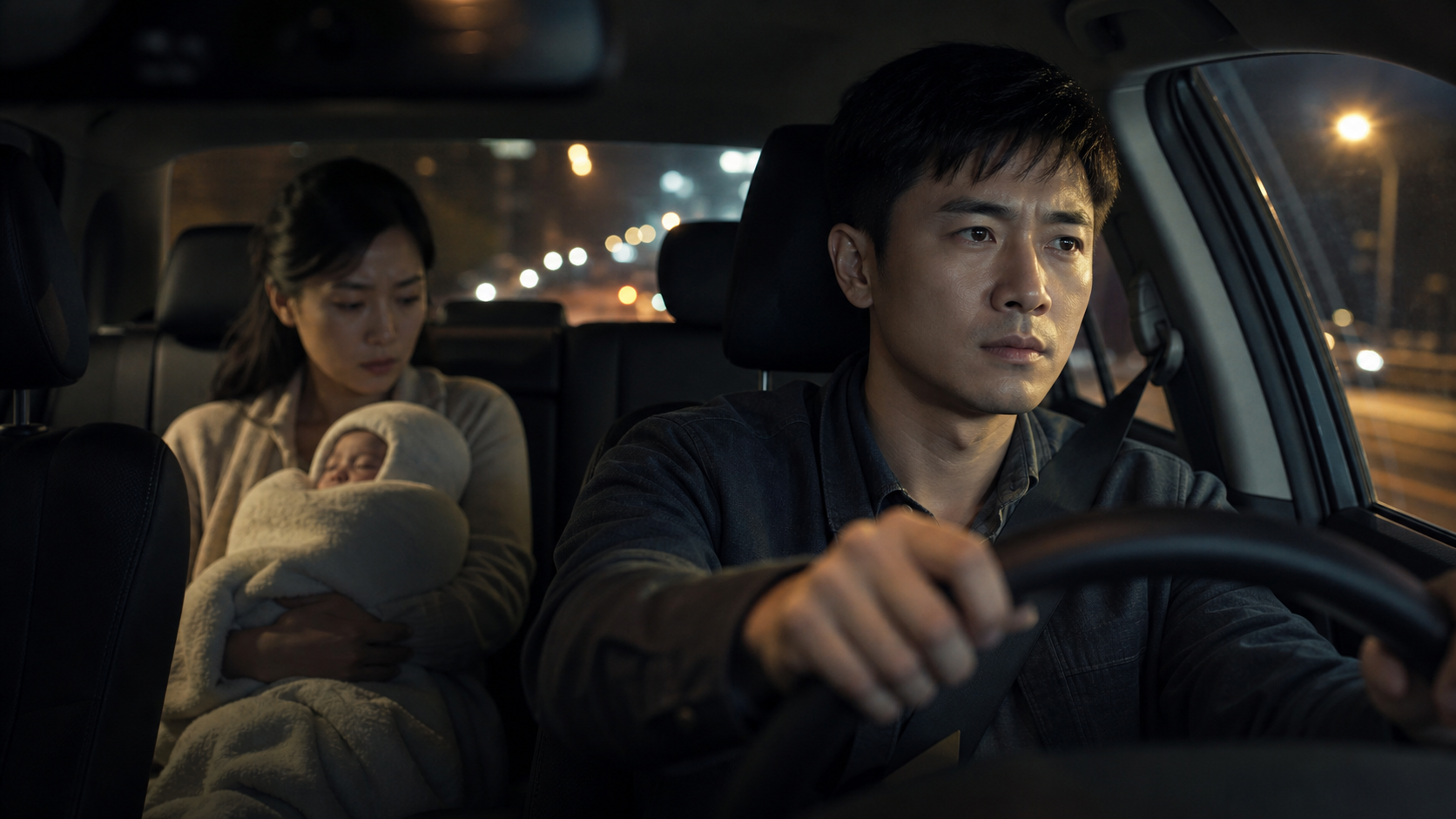A tense but determined young Chinese father drivin