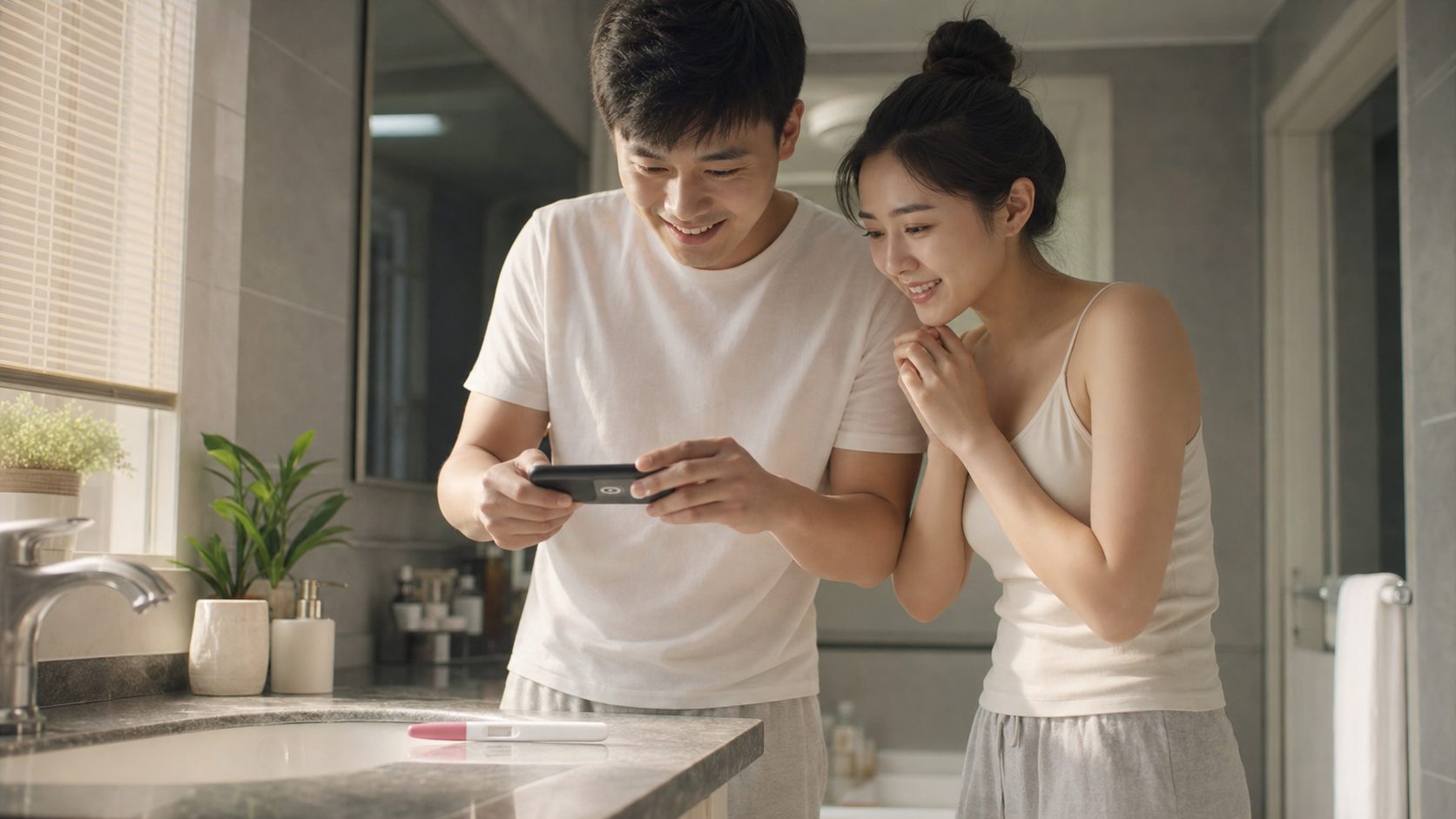 A loving young Chinese couple in a brightly lit mo