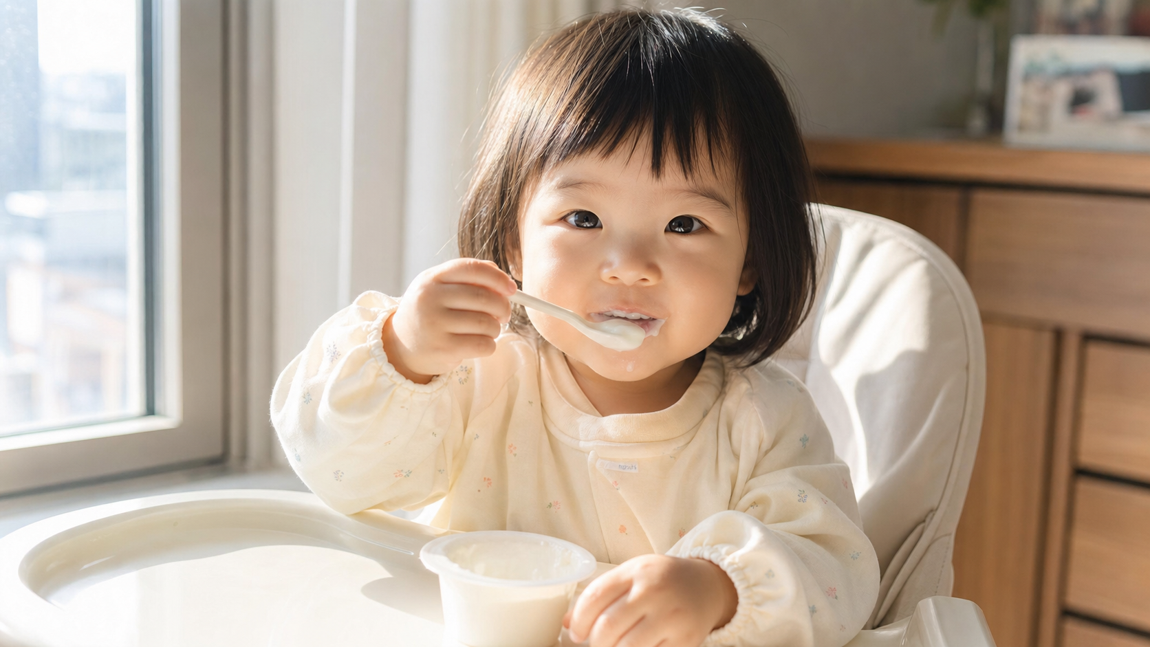 A cute 2-year-old Chinese baby sitting in a high c