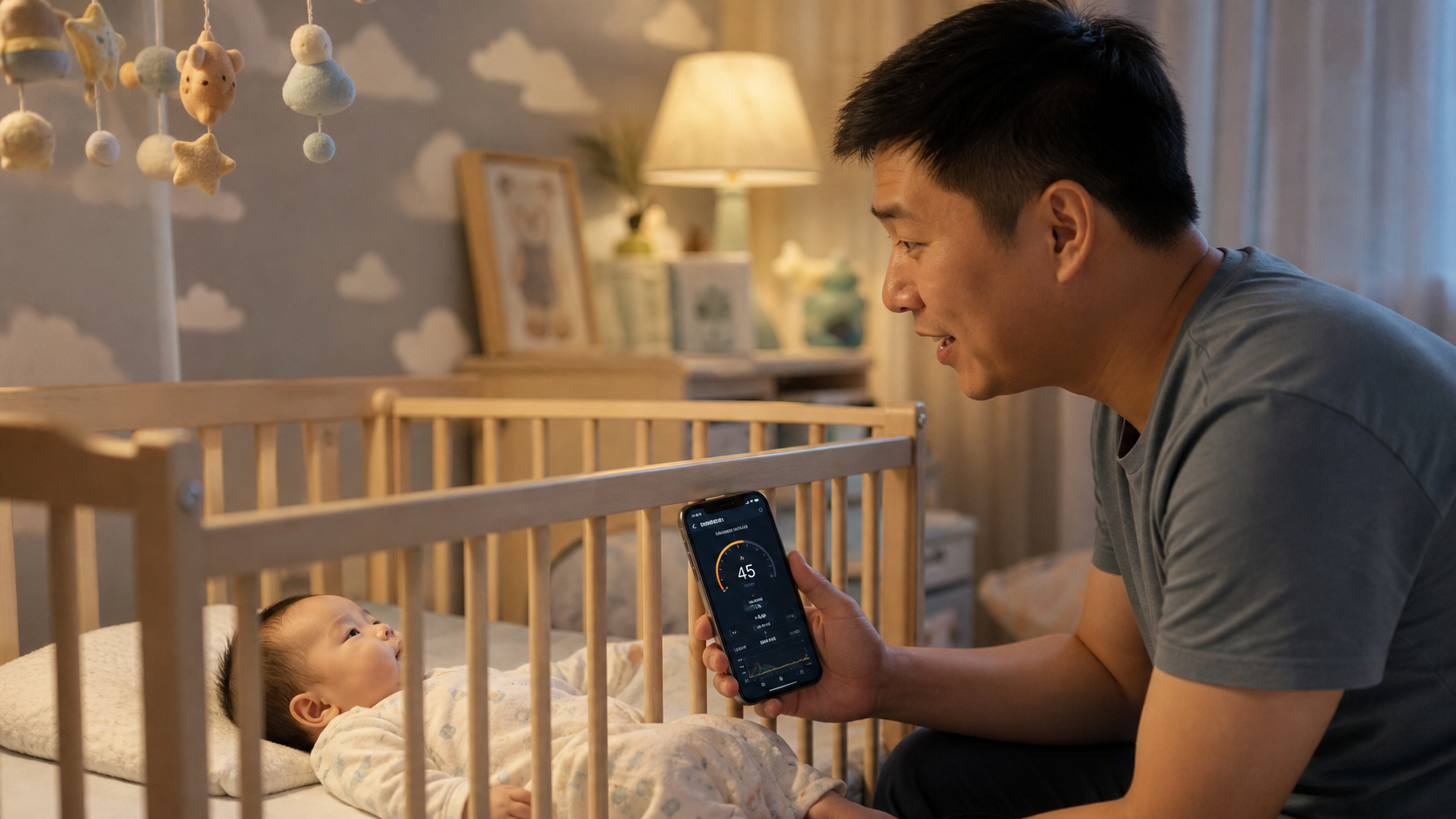 A cozy nursery room, a young Chinese father is gen