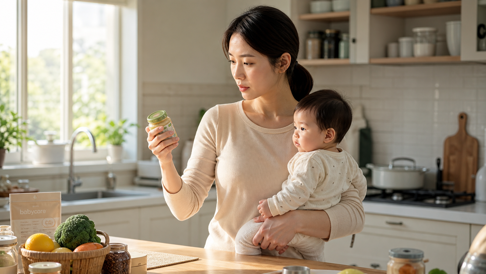 A Chinese young mother standing in a bright, moder