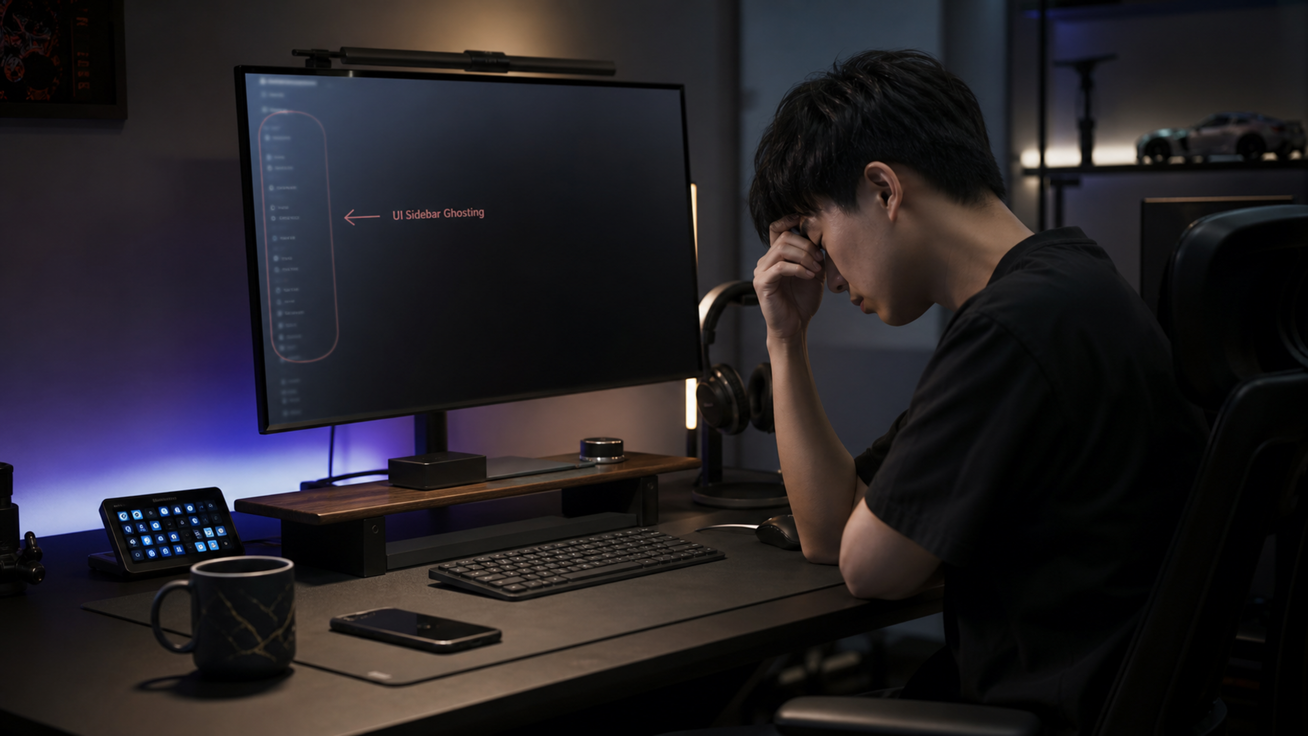 A cinematic shot of a modern minimalist desk setup