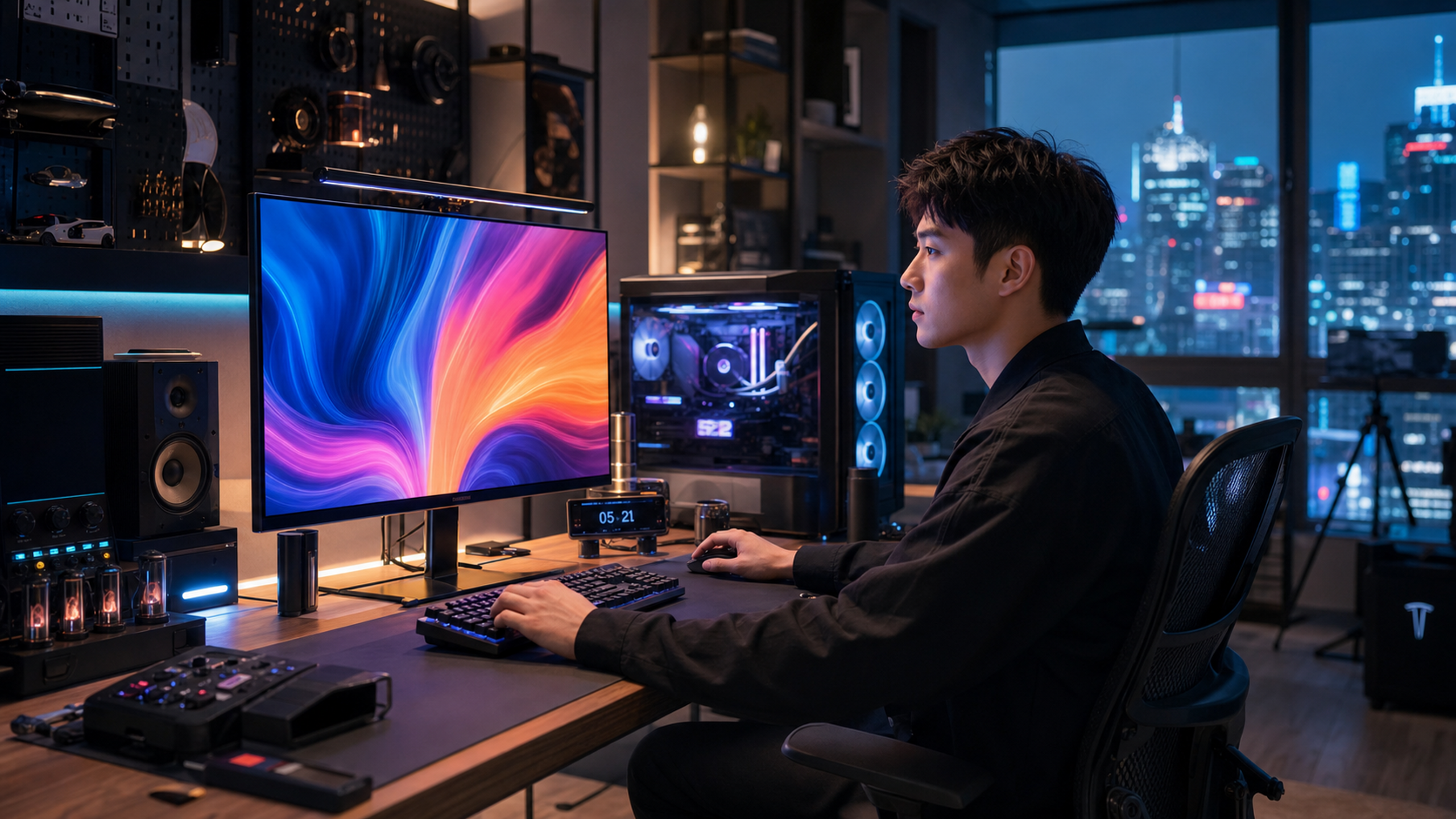 A high-tech desktop workspace featuring a glowing