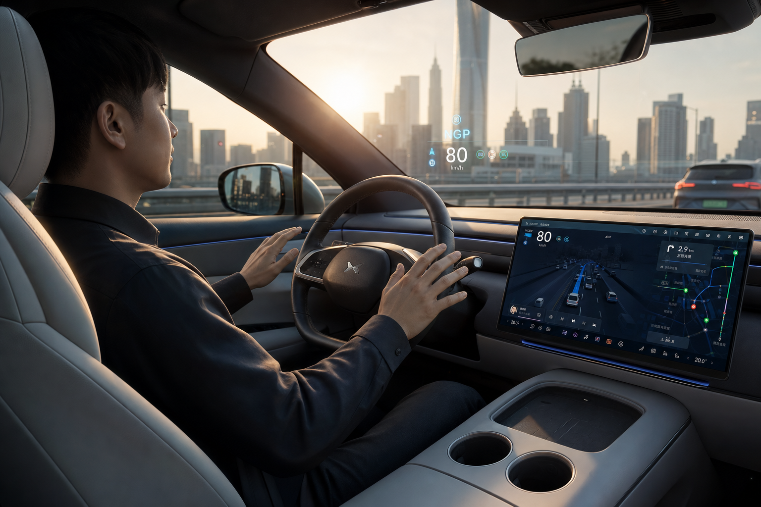 A high-tech cinematic shot of a Chinese driver in