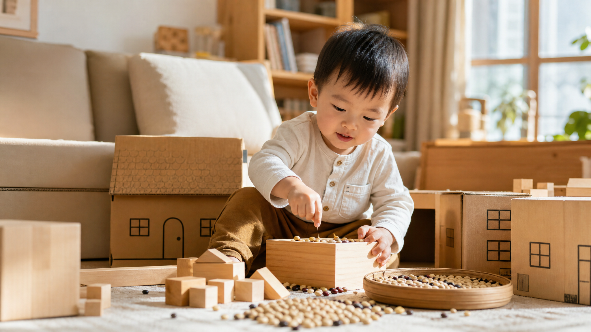 A cute 2-year-old Chinese baby playing with cardbo