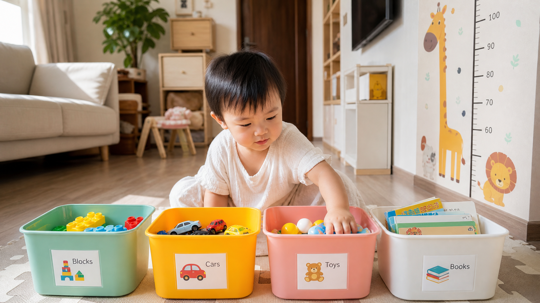 A cute 2-year-old Chinese toddler organizing color