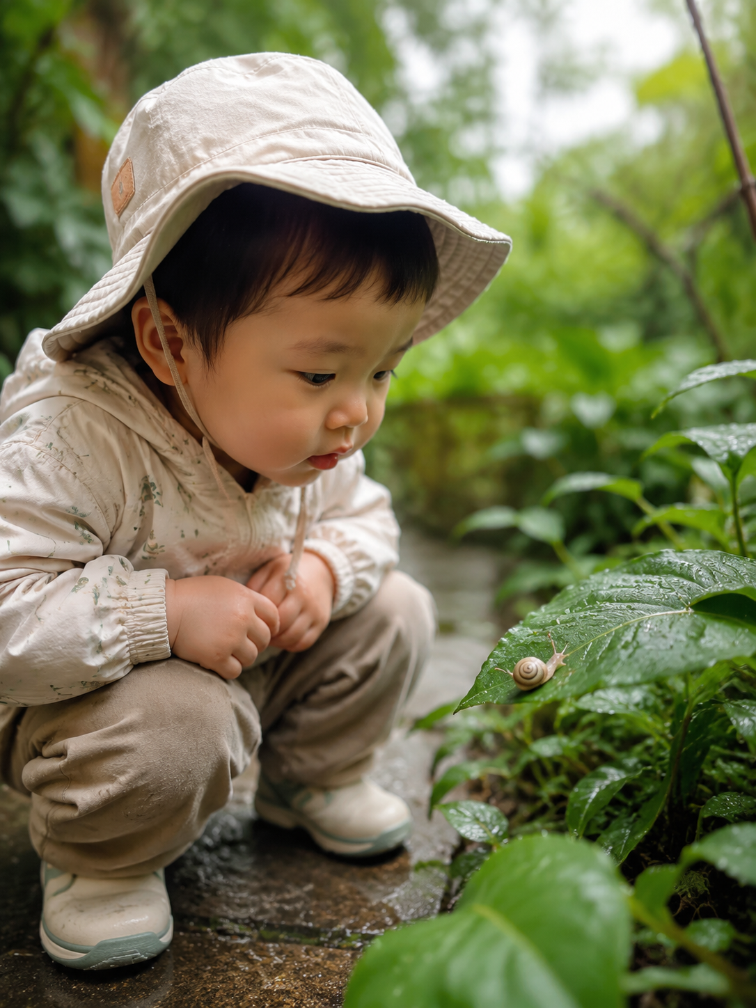 A cute 2-year-old Chinese toddler squatting in a l
