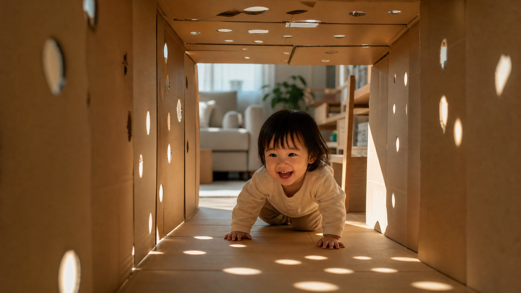A cute Chinese toddler playing inside a cardboard