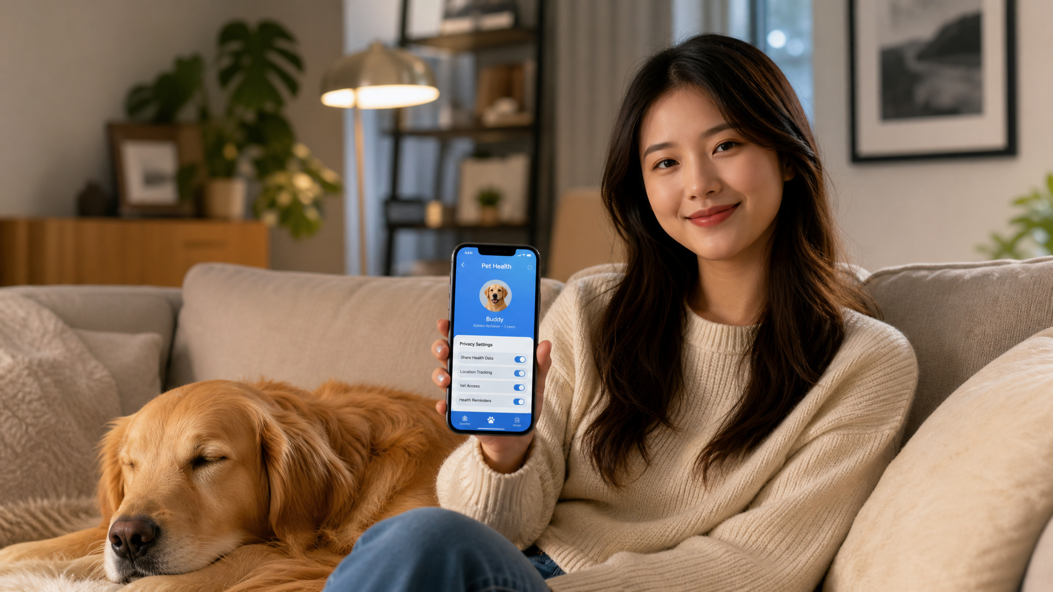 A Chinese young woman sitting on a cozy sofa, look
