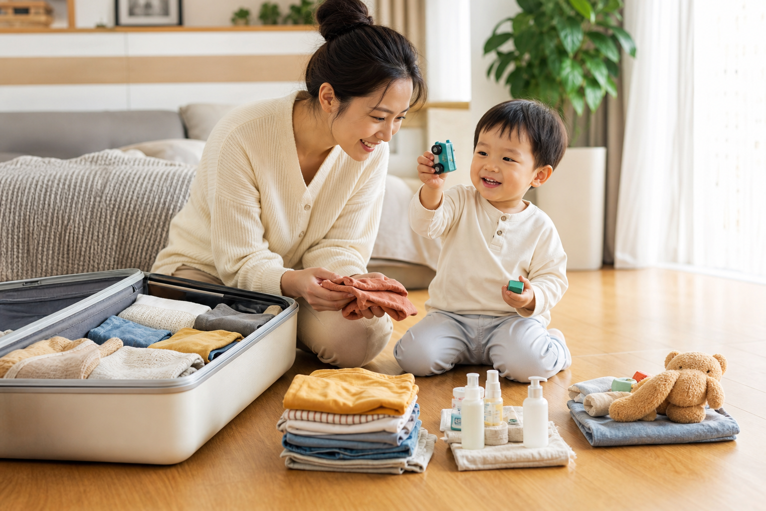 A warm and bright indoor scene, a young Chinese mo