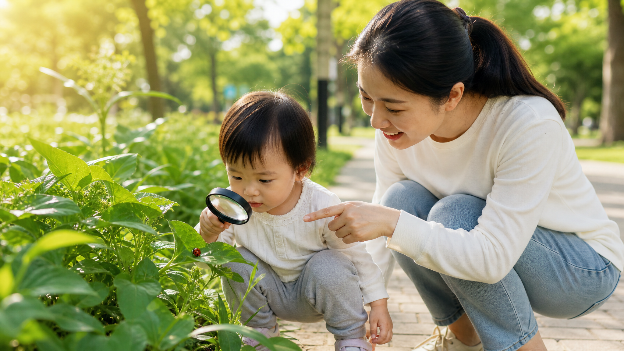 A cute 2-year-old Chinese baby squatting by a gree