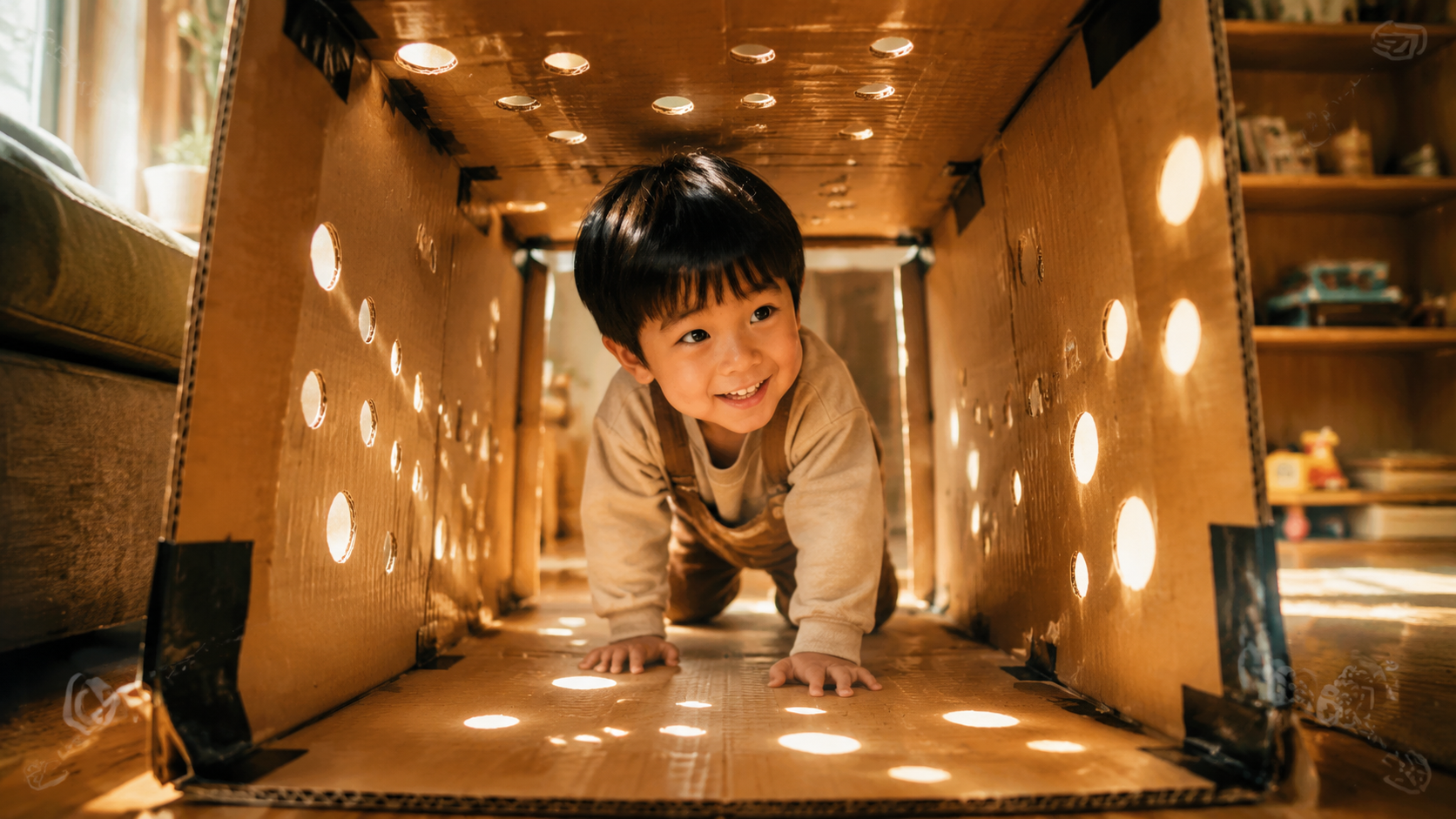 A cute Chinese toddler playing inside a creative c