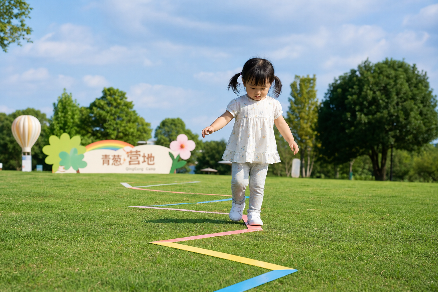 A cute 2-year-old Chinese toddler playing on a gre