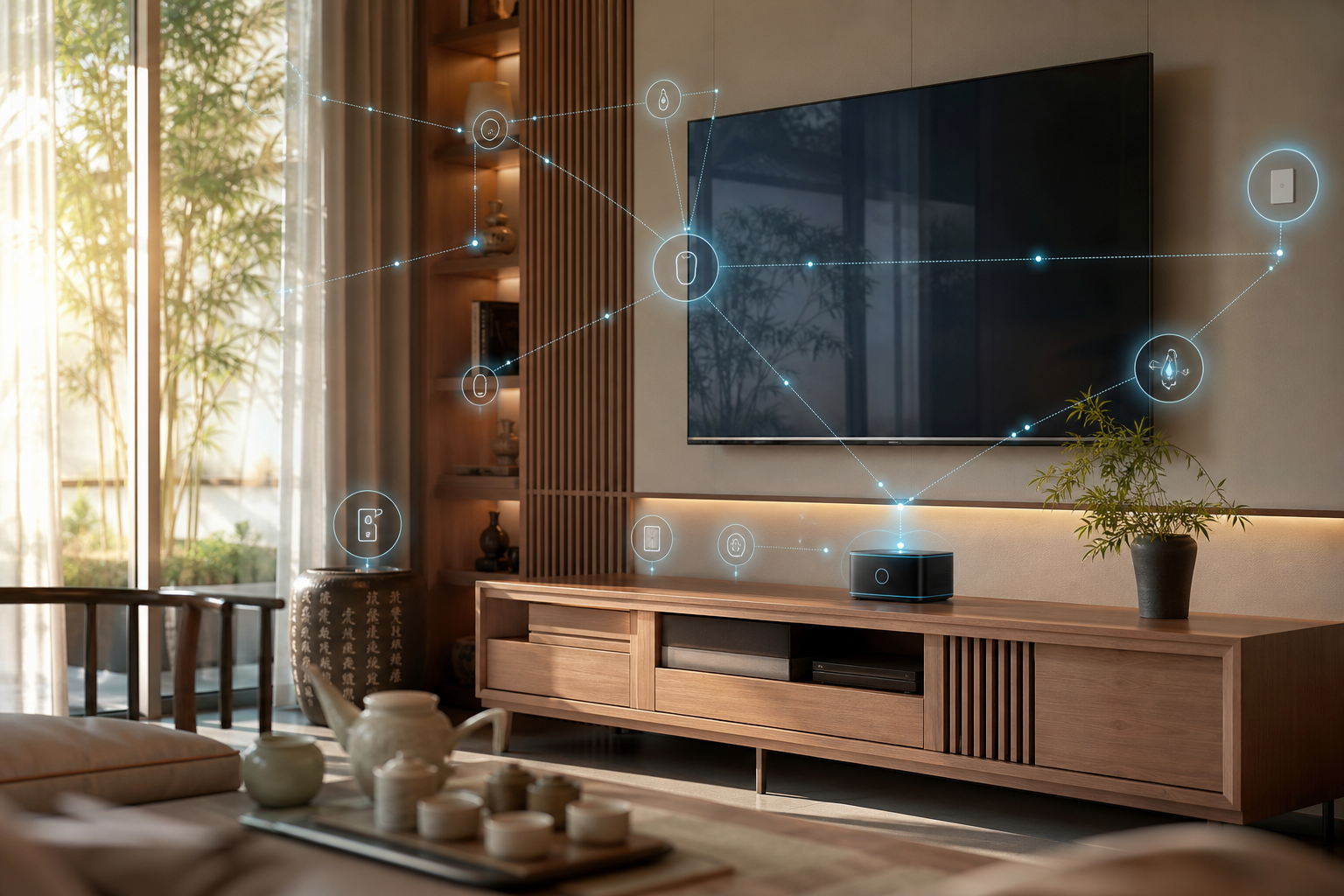 A cozy and warm Chinese modern living room, soft n