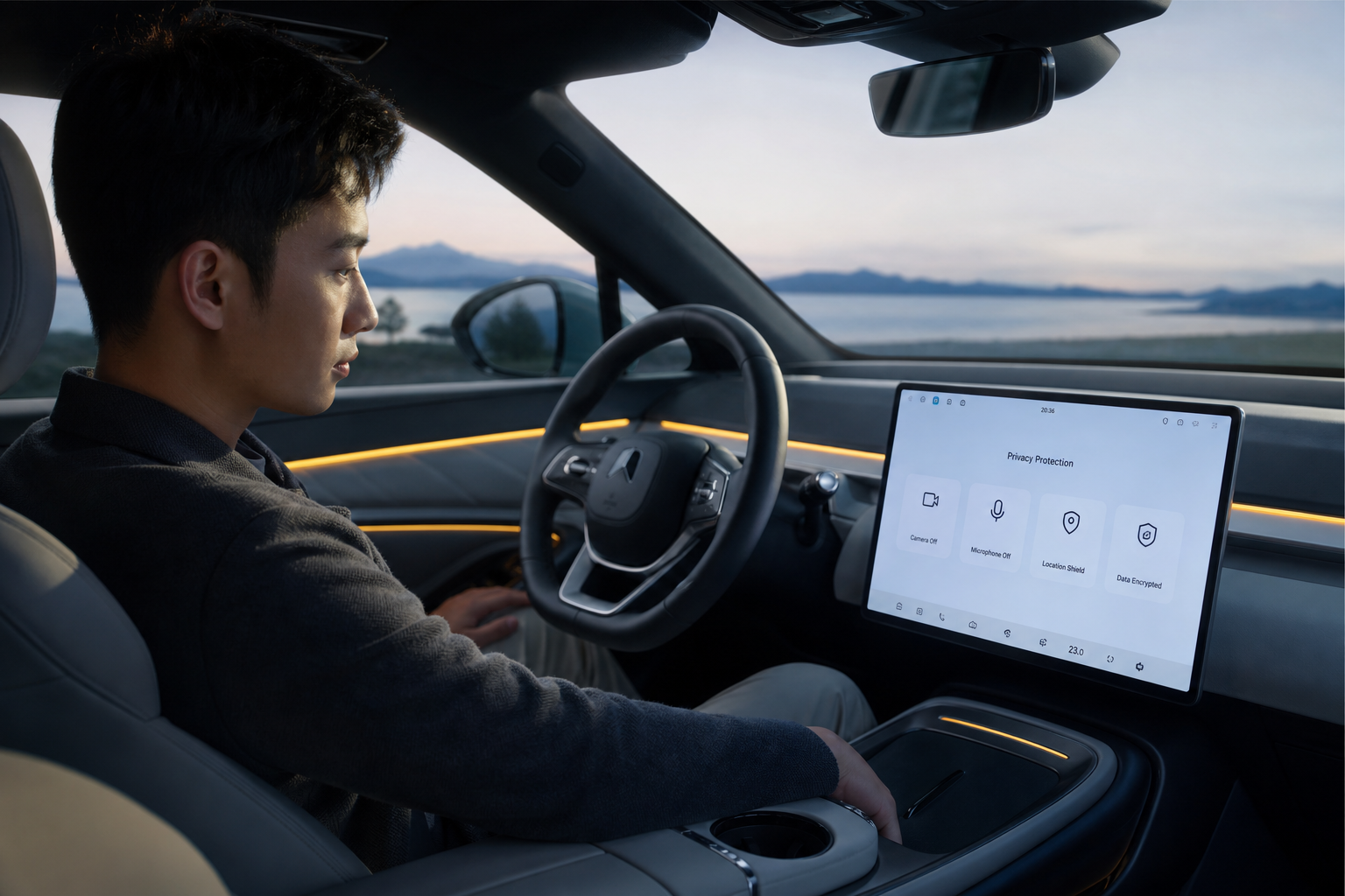 A high-tech smart car cabin interior, a young Chin