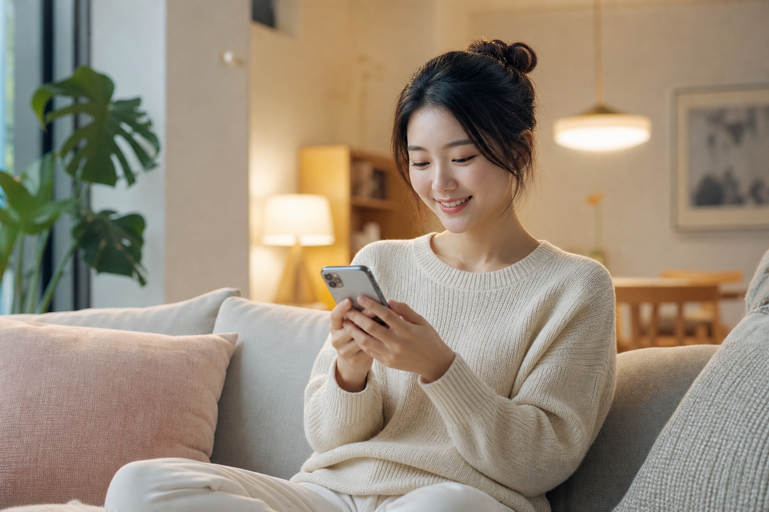 A young Chinese mother sitting on a cozy living ro