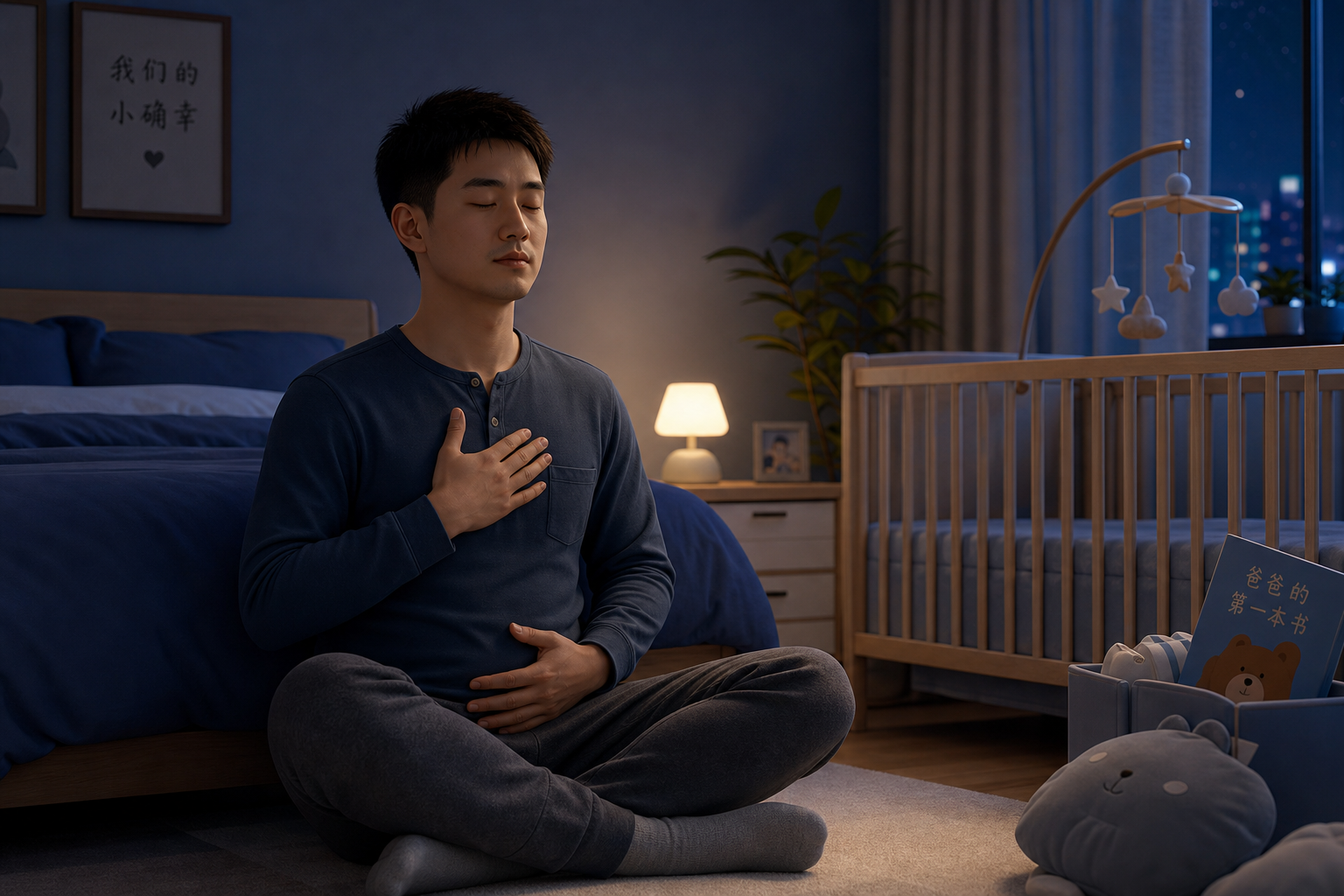 A Chinese expectant father sitting quietly in a di