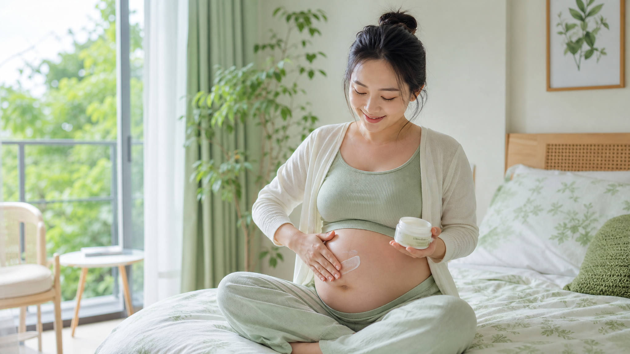 A beautiful Chinese pregnant woman sitting in a br