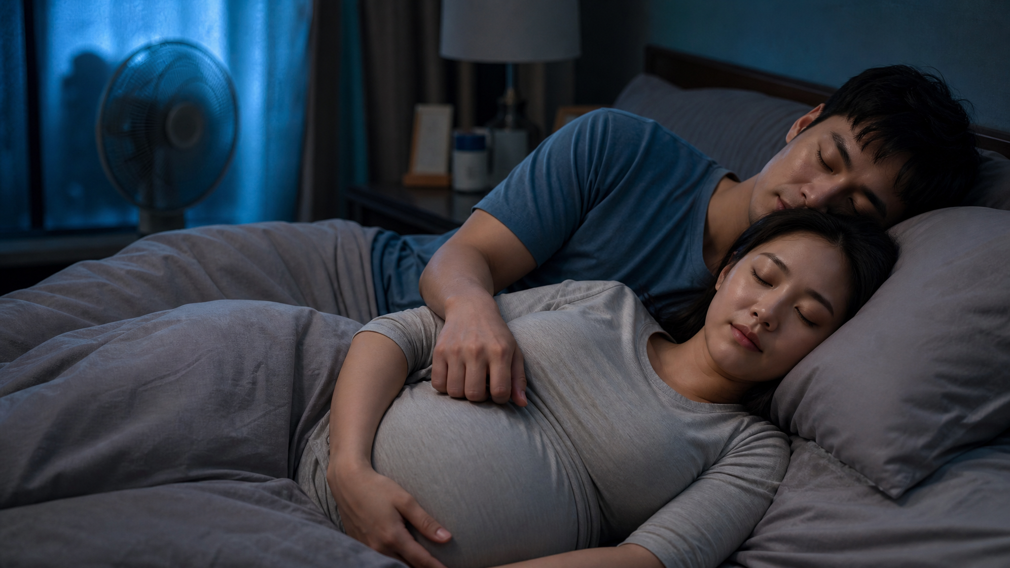 A warm and cozy bedroom scene at night, a young Ch