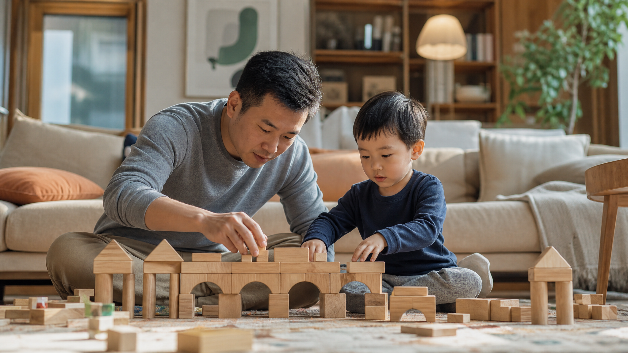 A realistic photography of a Chinese father and hi