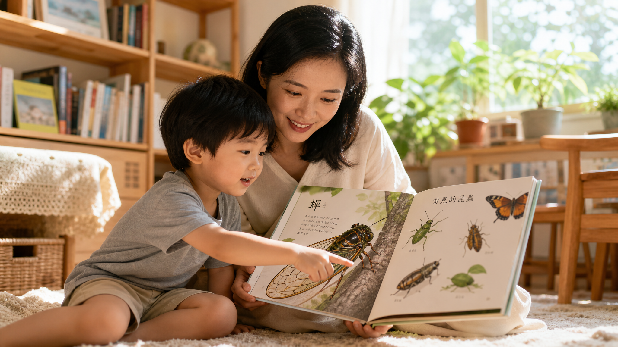 A warm and bright living room, a Chinese mother an