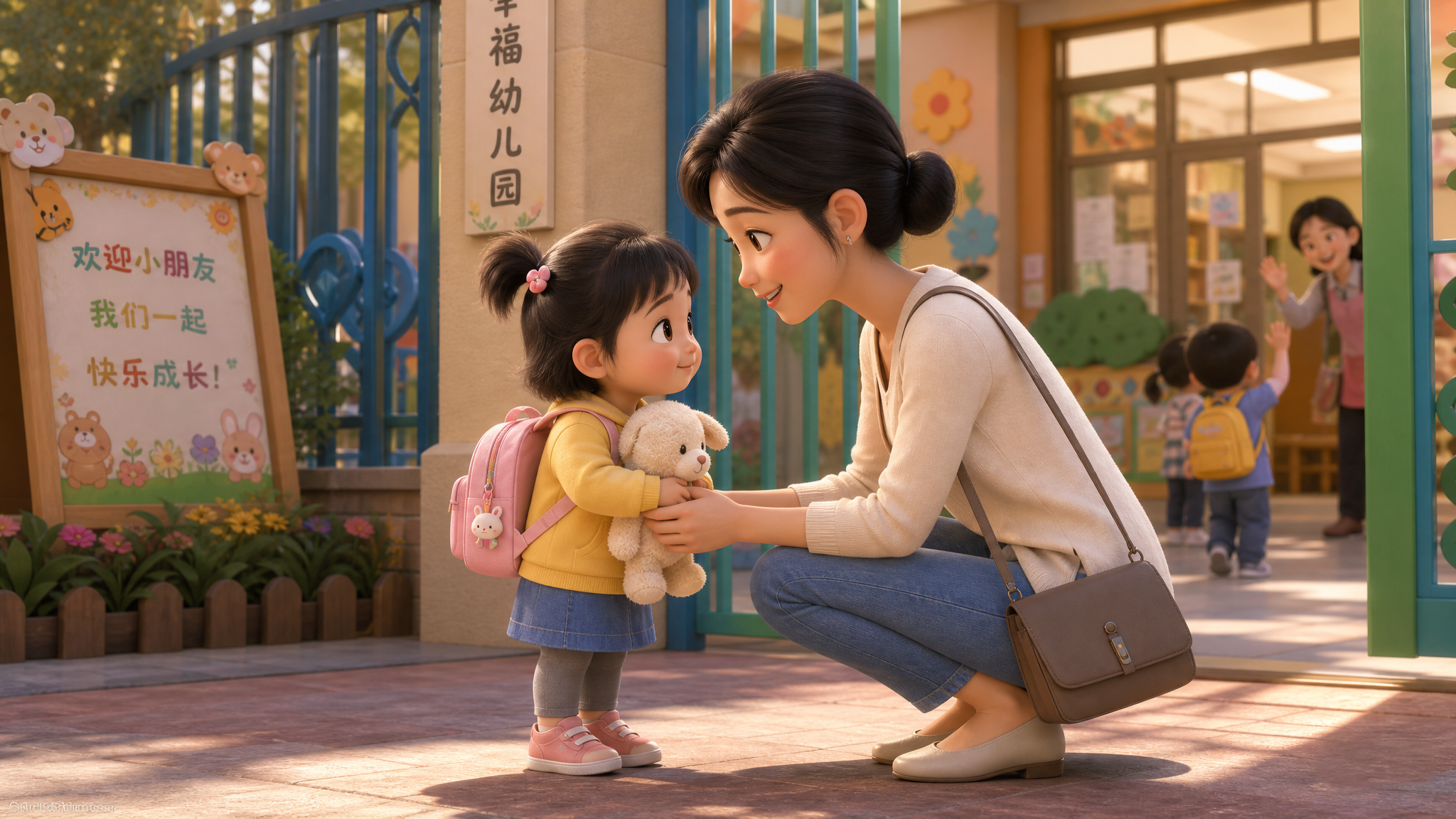 A warm illustration of a young Chinese mother knee