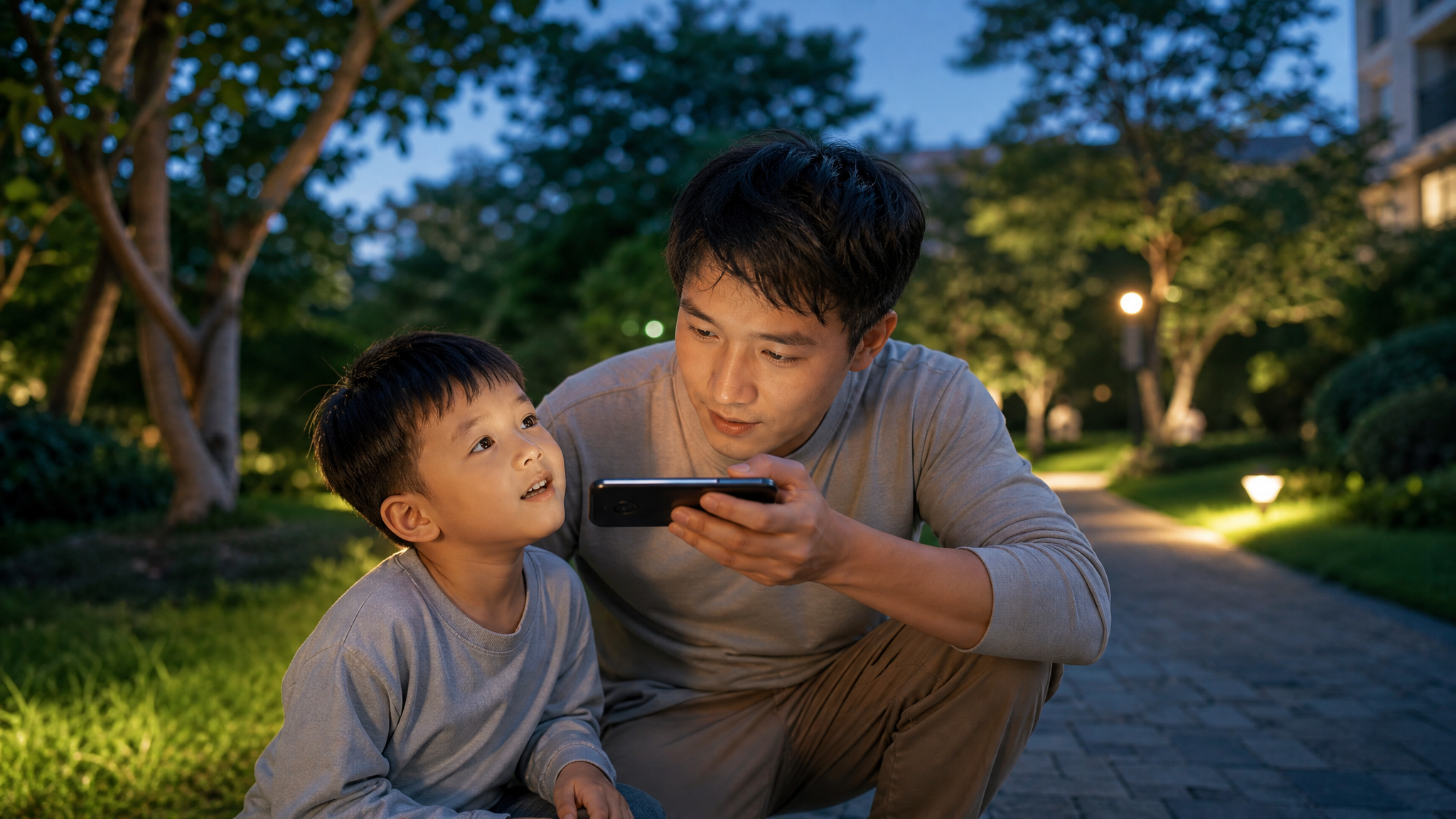 A warm and cinematic shot of a young Chinese fathe