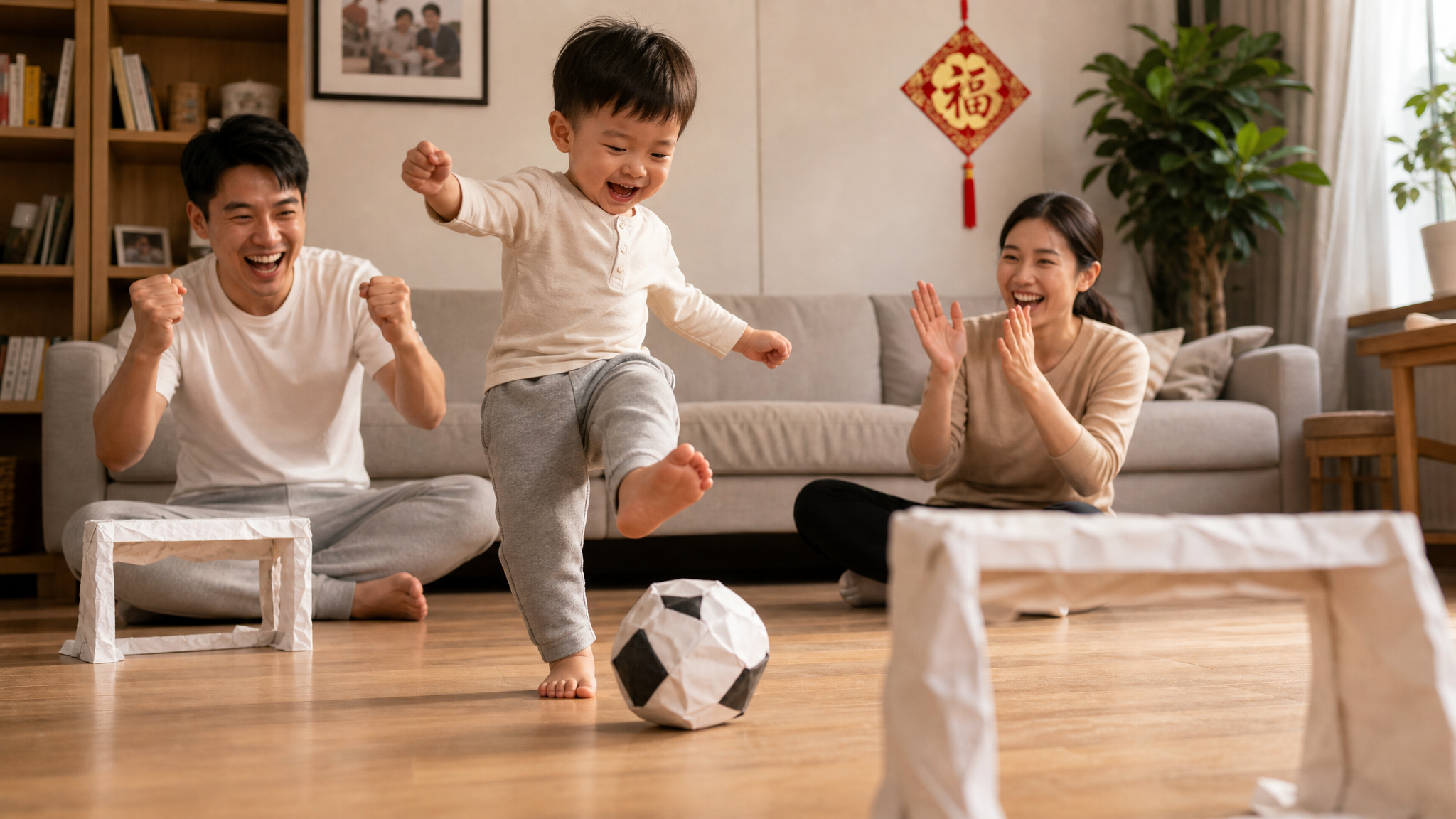A warm Chinese family playing paper soccer in the 