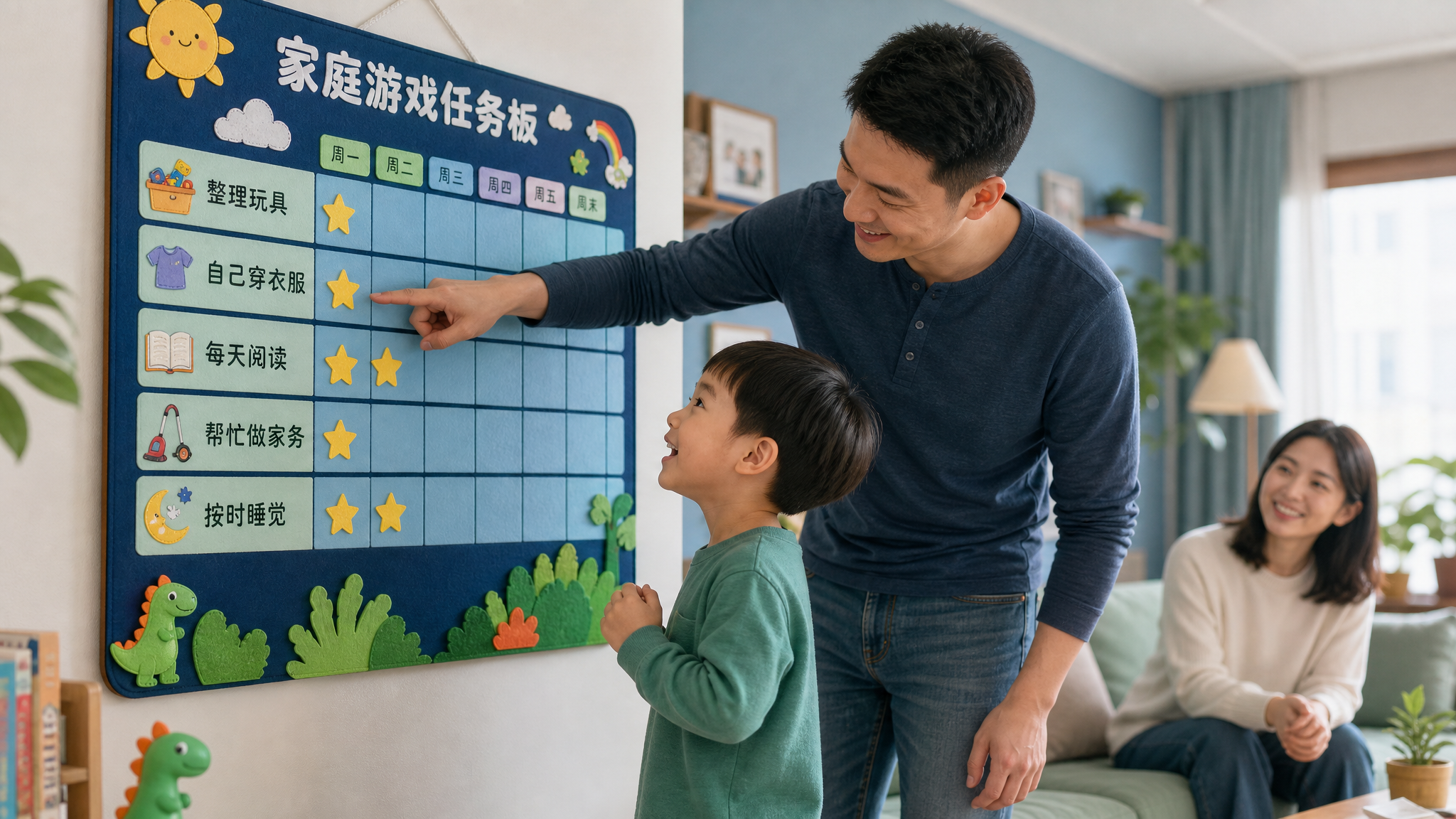A Chinese family in a cozy living room, the father