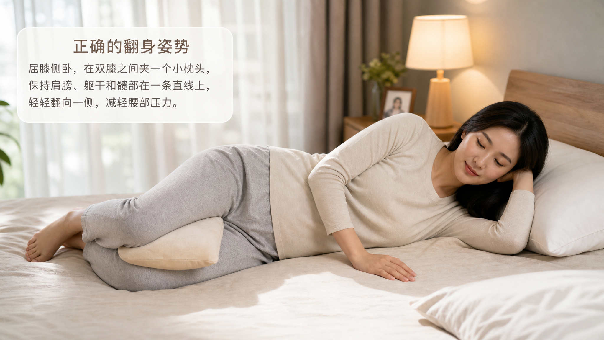 A warm and cozy bedroom setting. A young Chinese m