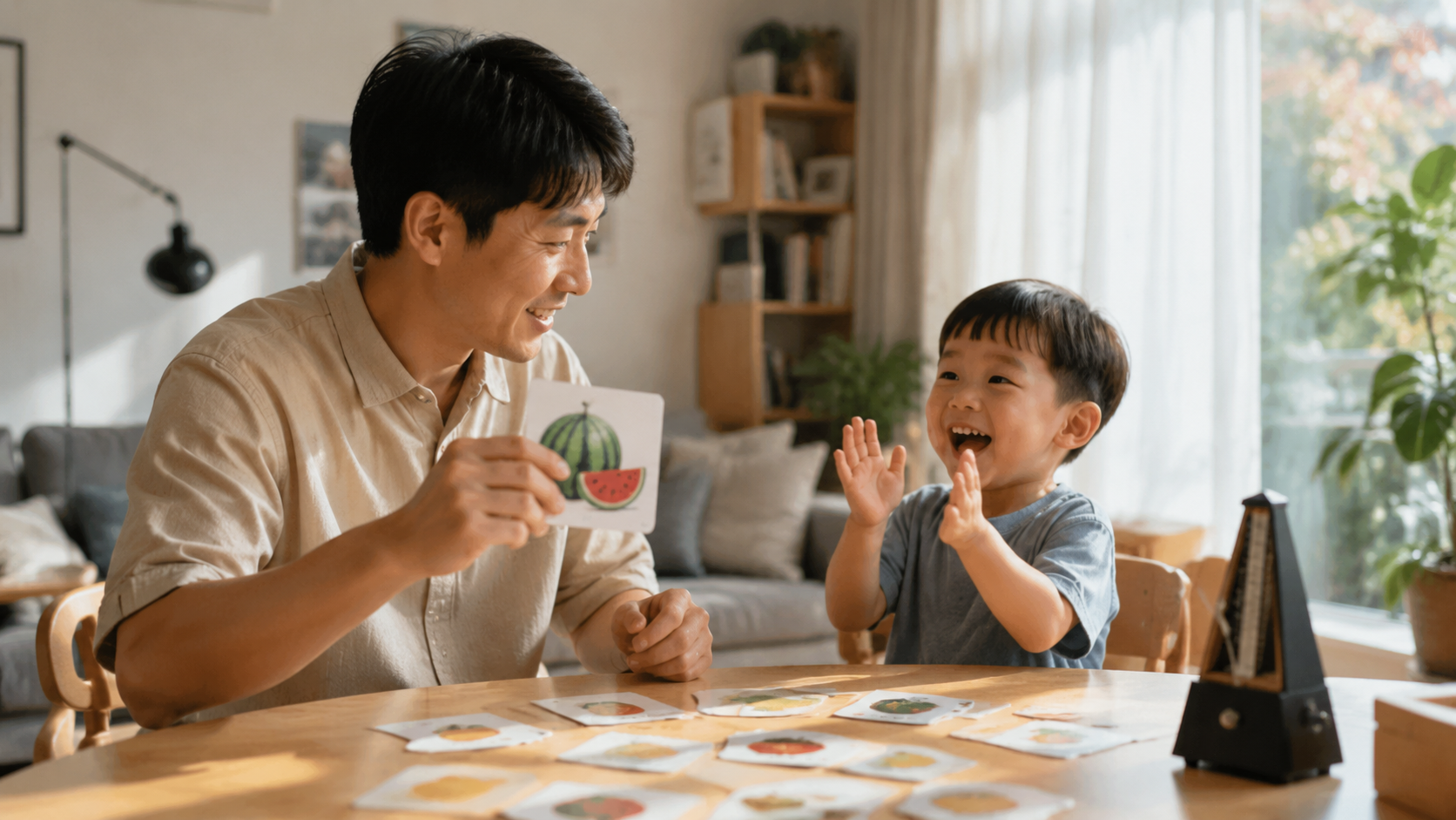 A photorealistic image of a Chinese father and his
