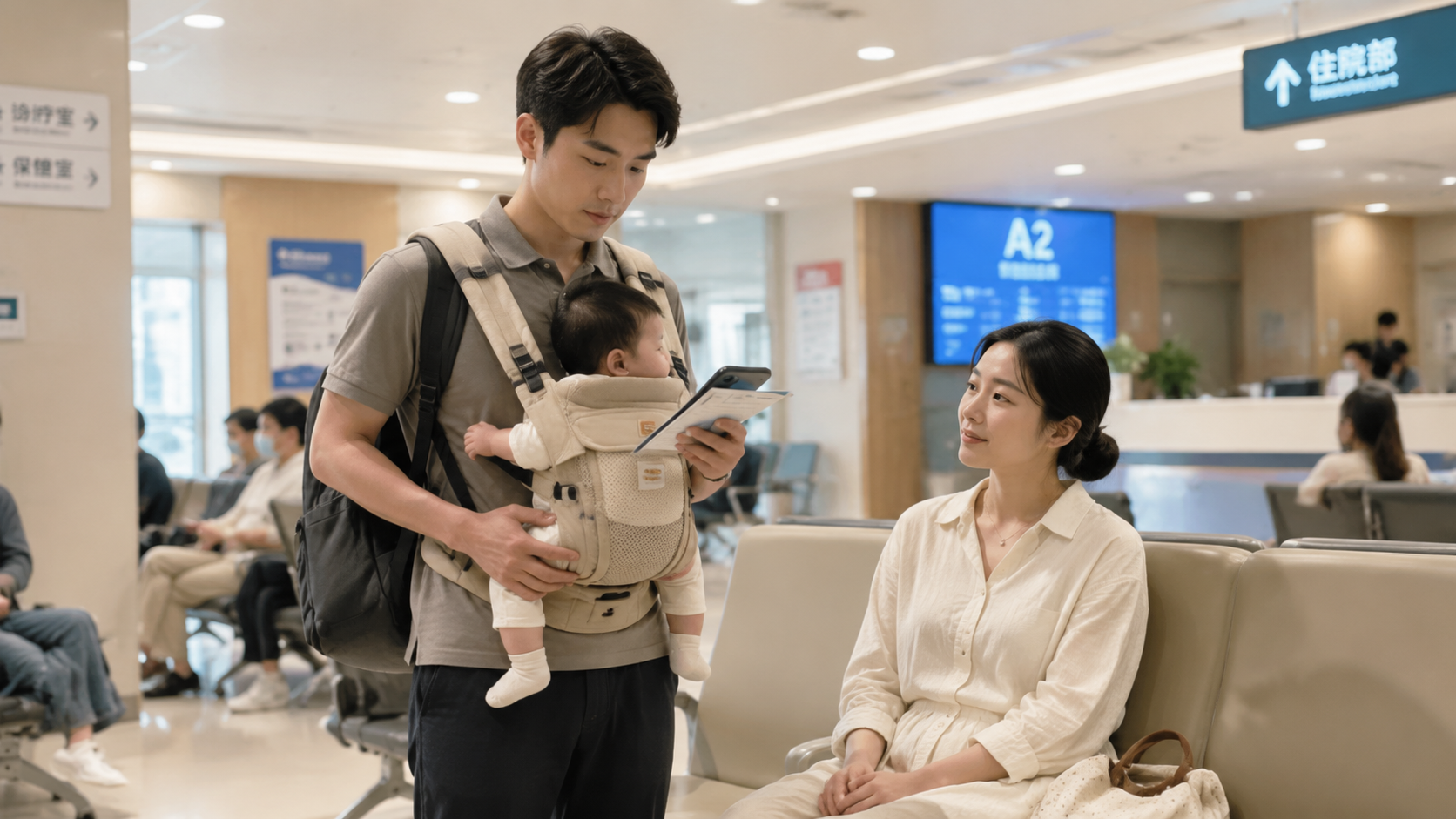 A realistic photo of a young Chinese father in a m