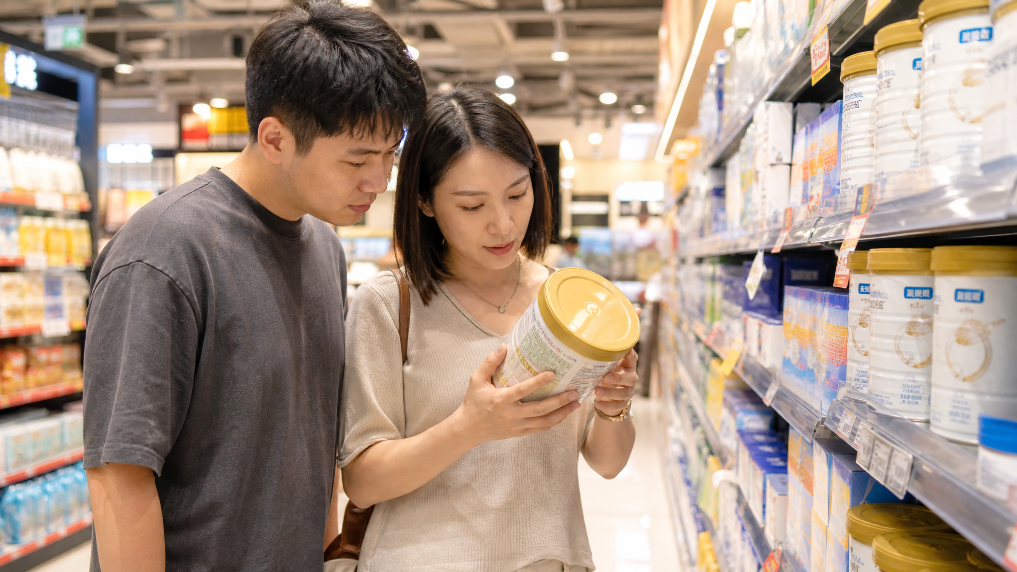 A young Chinese couple standing in a bright superm
