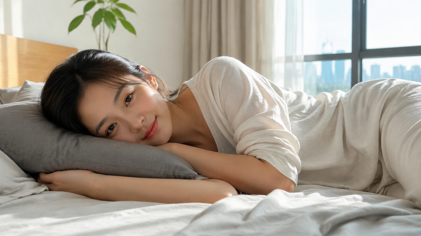 A realistic photo of a young Chinese mother lying