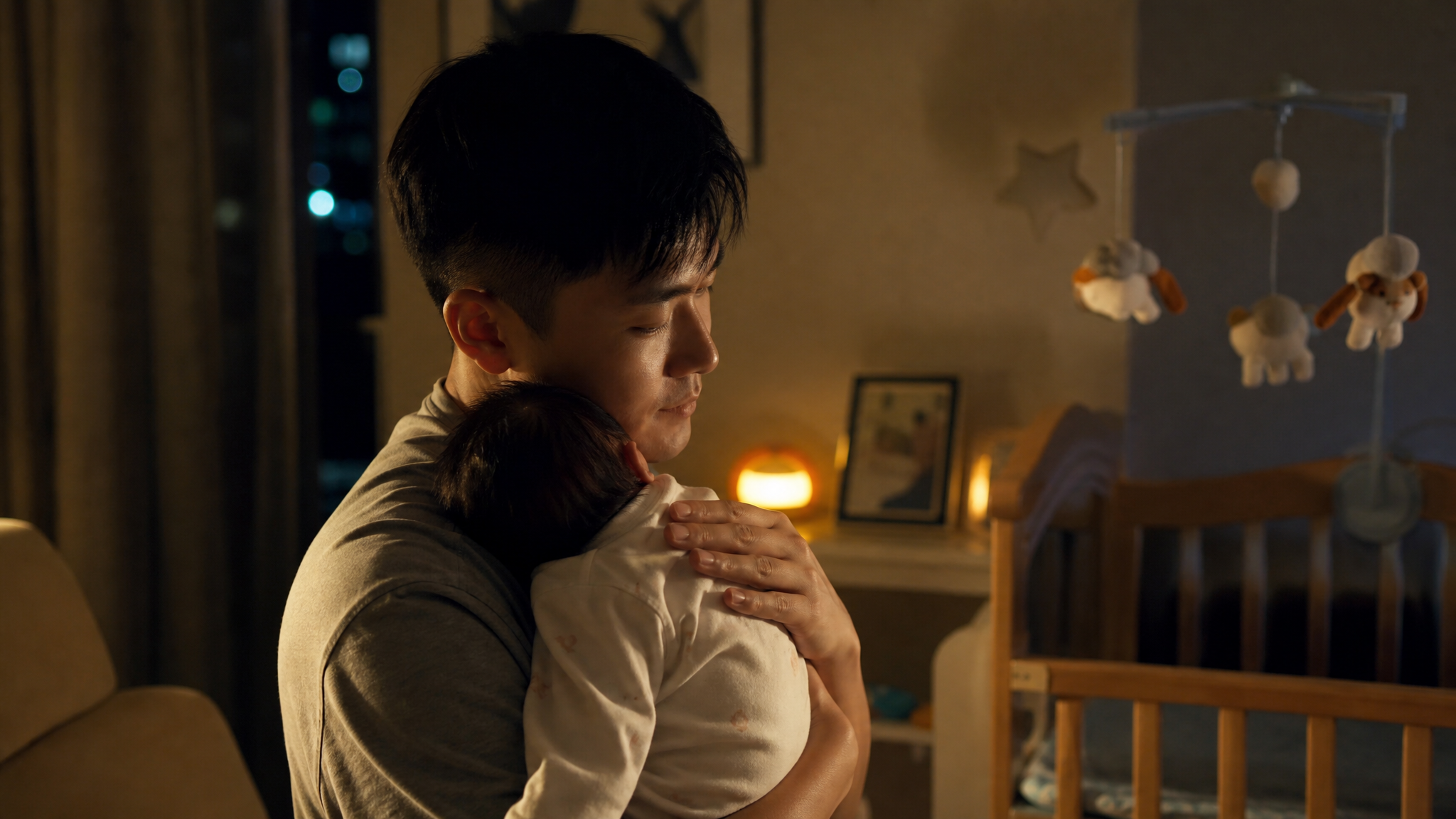 A warm and cinematic shot of a young Chinese fathe